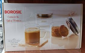 borosil snack set of 8  with 6 mugs and 2 jars image 1